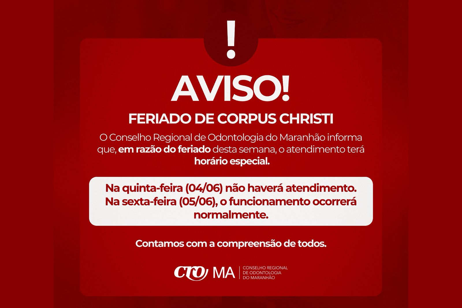 Read more about the article CRO-MA divulga horário especial de atendimento durante o feriado de Corpus Christi 2026