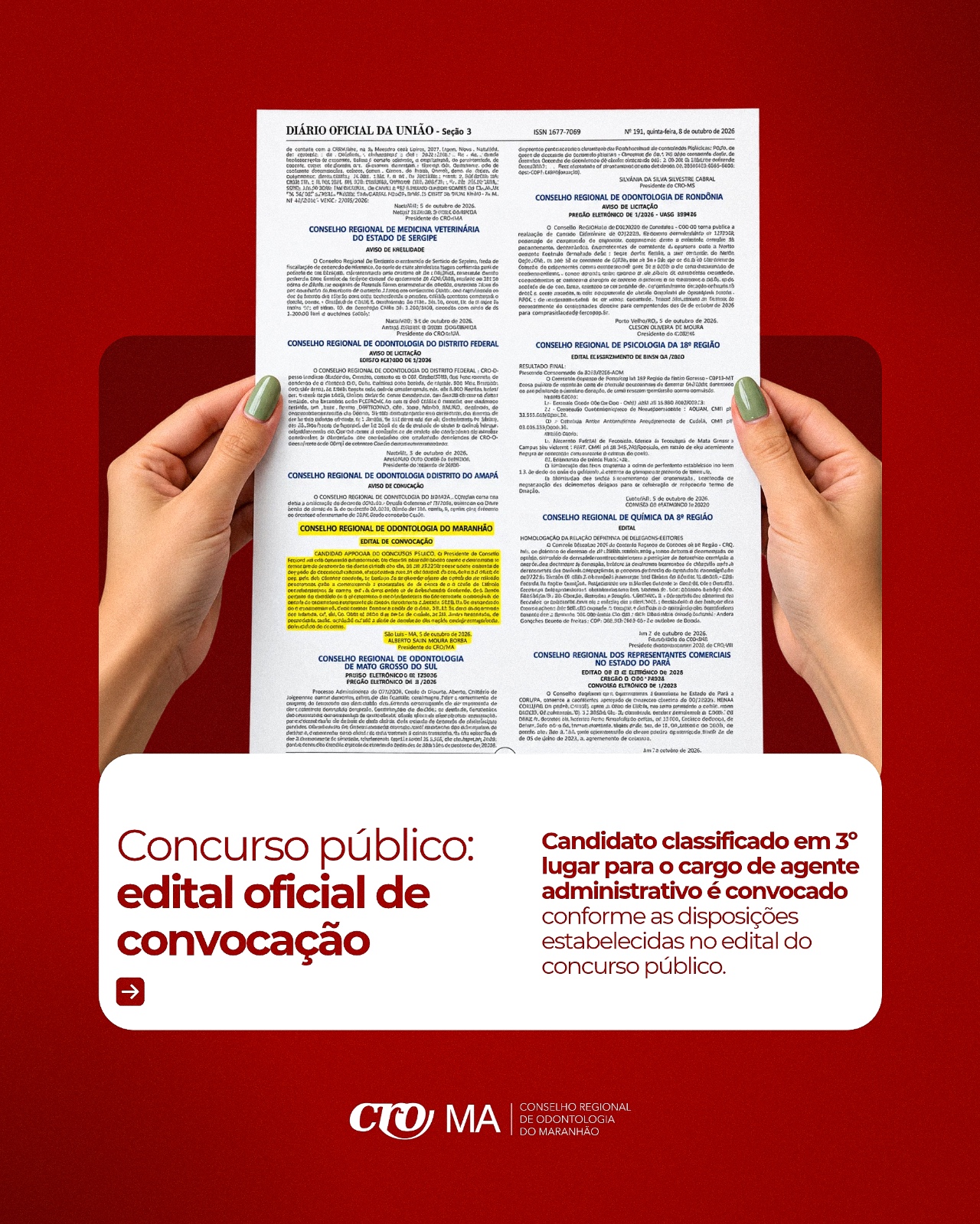 Read more about the article CRO-MA convoca candidato aprovado em terceiro lugar para o cargo de agente administrativo
